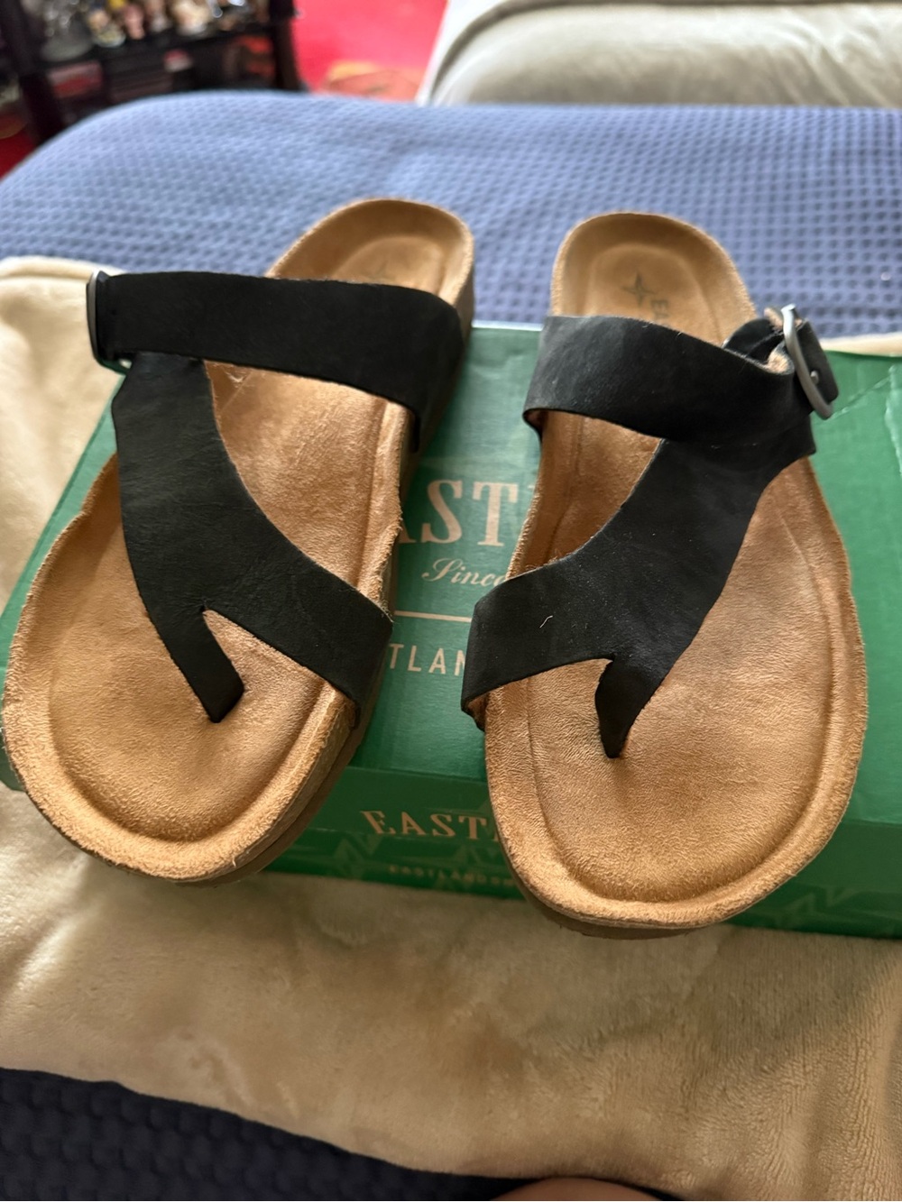 Eastland Black Leather Toe-Loop Comfort Sandal-Women's Shauna Adjustable Thog